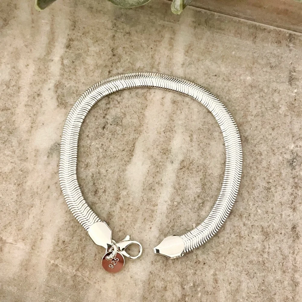 925 Sterling Silver Herringbone Bracelet Snake Chain Bracelet 8 inch Bracelet - Picture 4 of 7